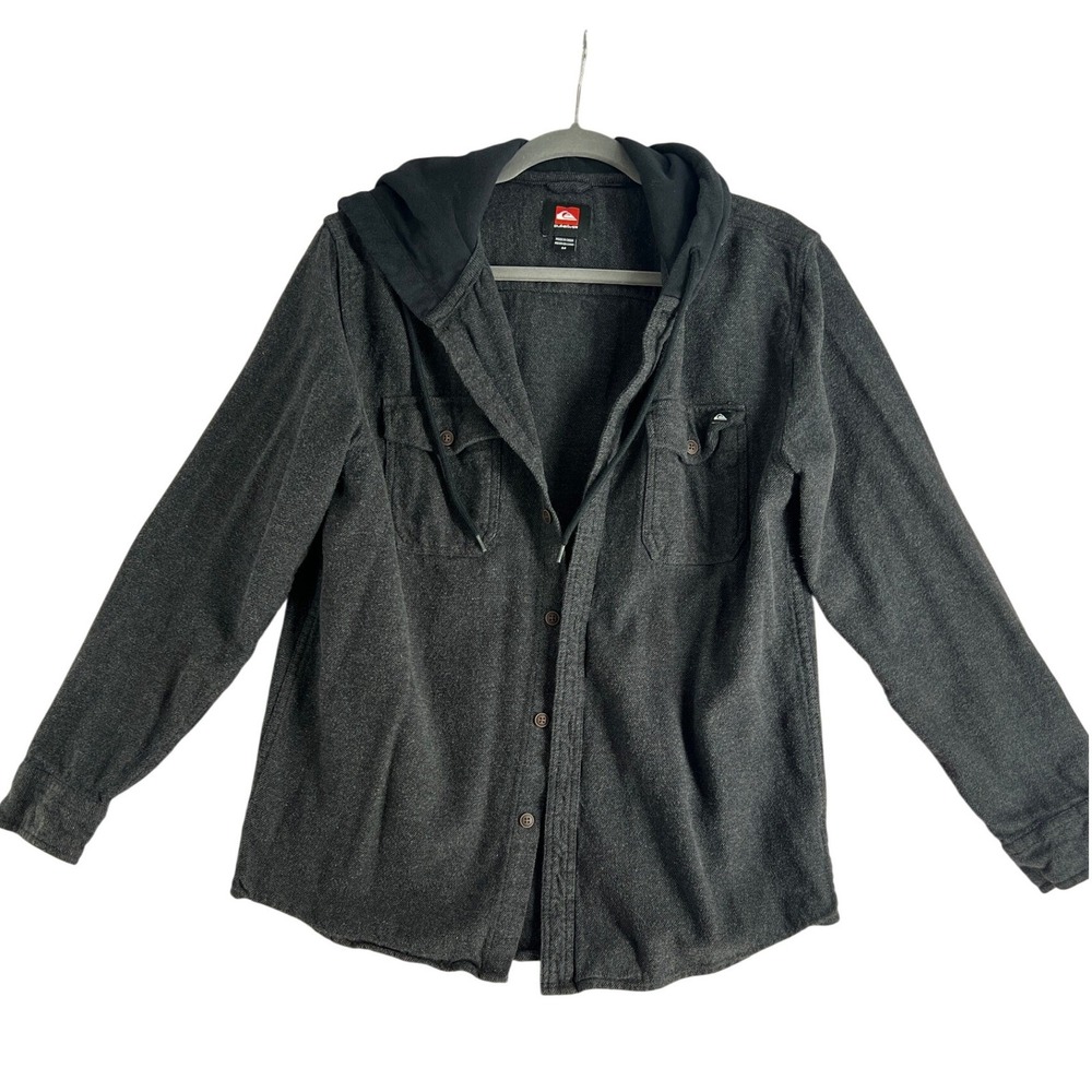 Quiksilver Y2K Mens Gray Hooded Flannel Button Down Shirt Shacket Surf Skate M